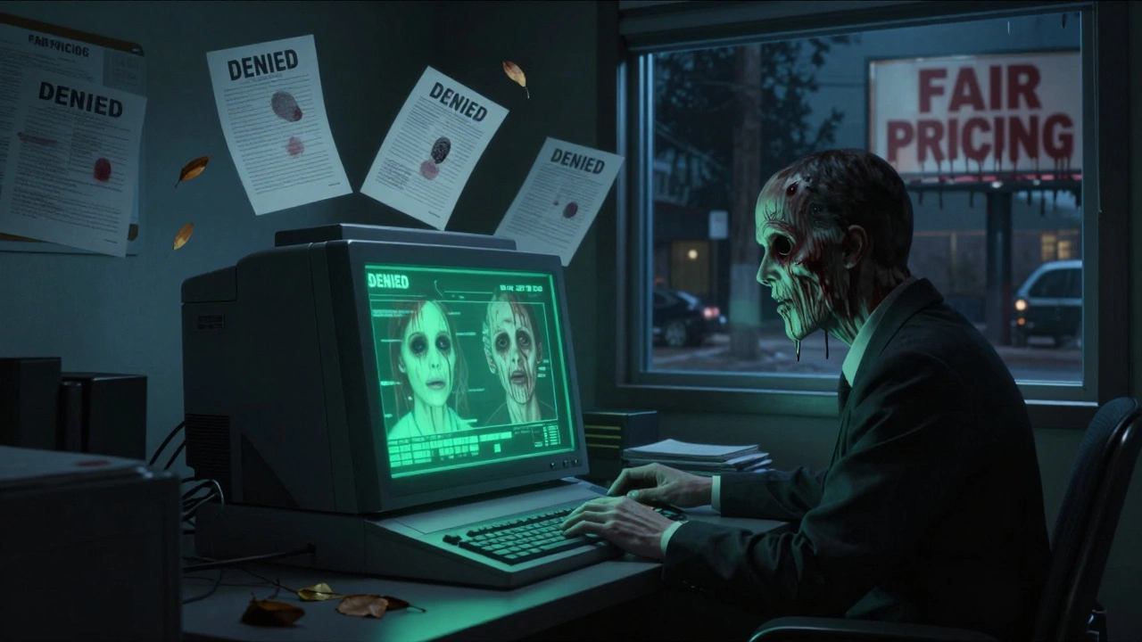 A distorted AI terminal in Colorado projects hollow-eyed faces over denied insurance papers.