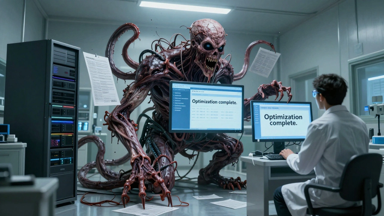 A monstrous machine of fused servers and dashboards pierces medical and financial records, its face a shifting mask of text.