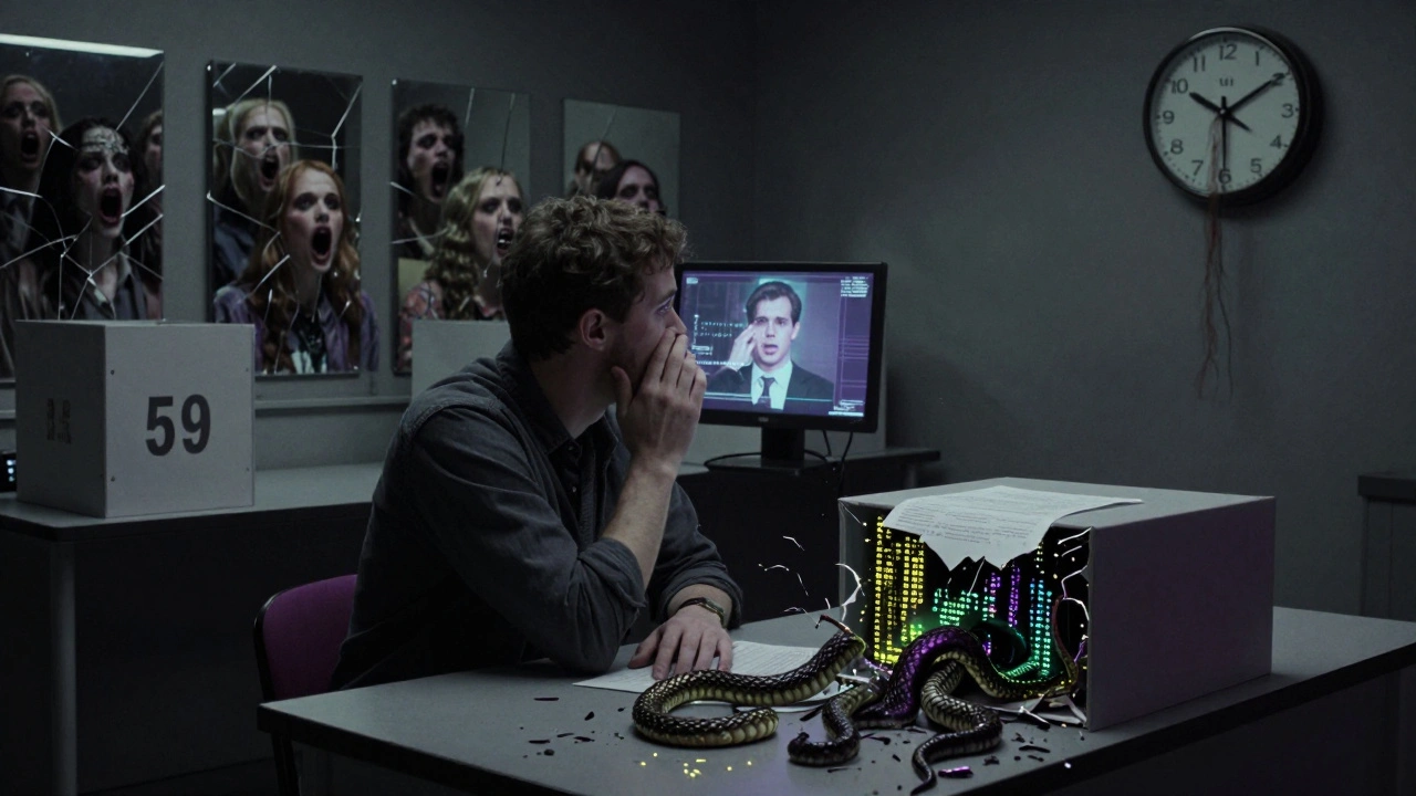 A voter is whispered to by a cloned political candidate’s AI face in a haunted voting booth.