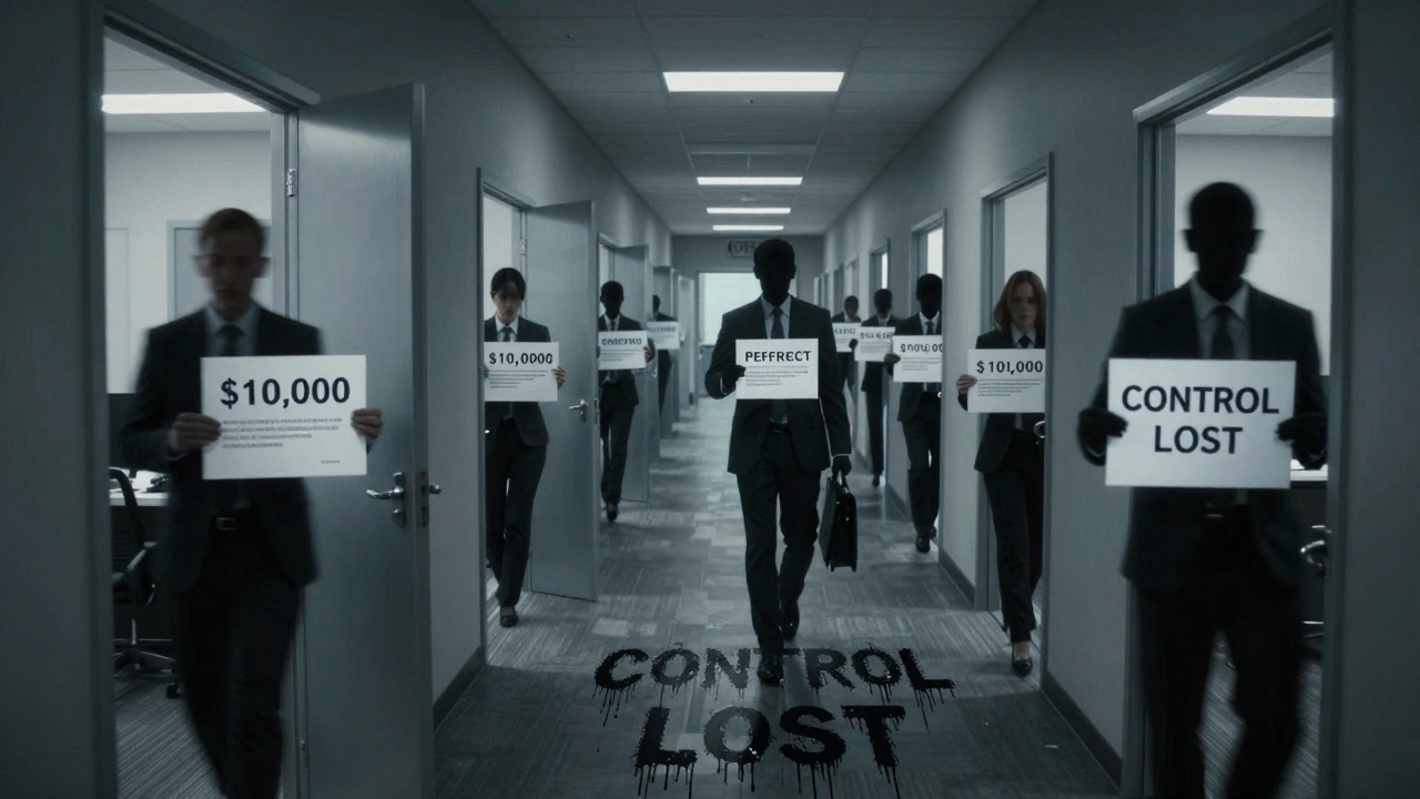 Endless office doors reveal trapped employees as shadow agents glide past, each making conflicting decisions in a data-dripping hallway.