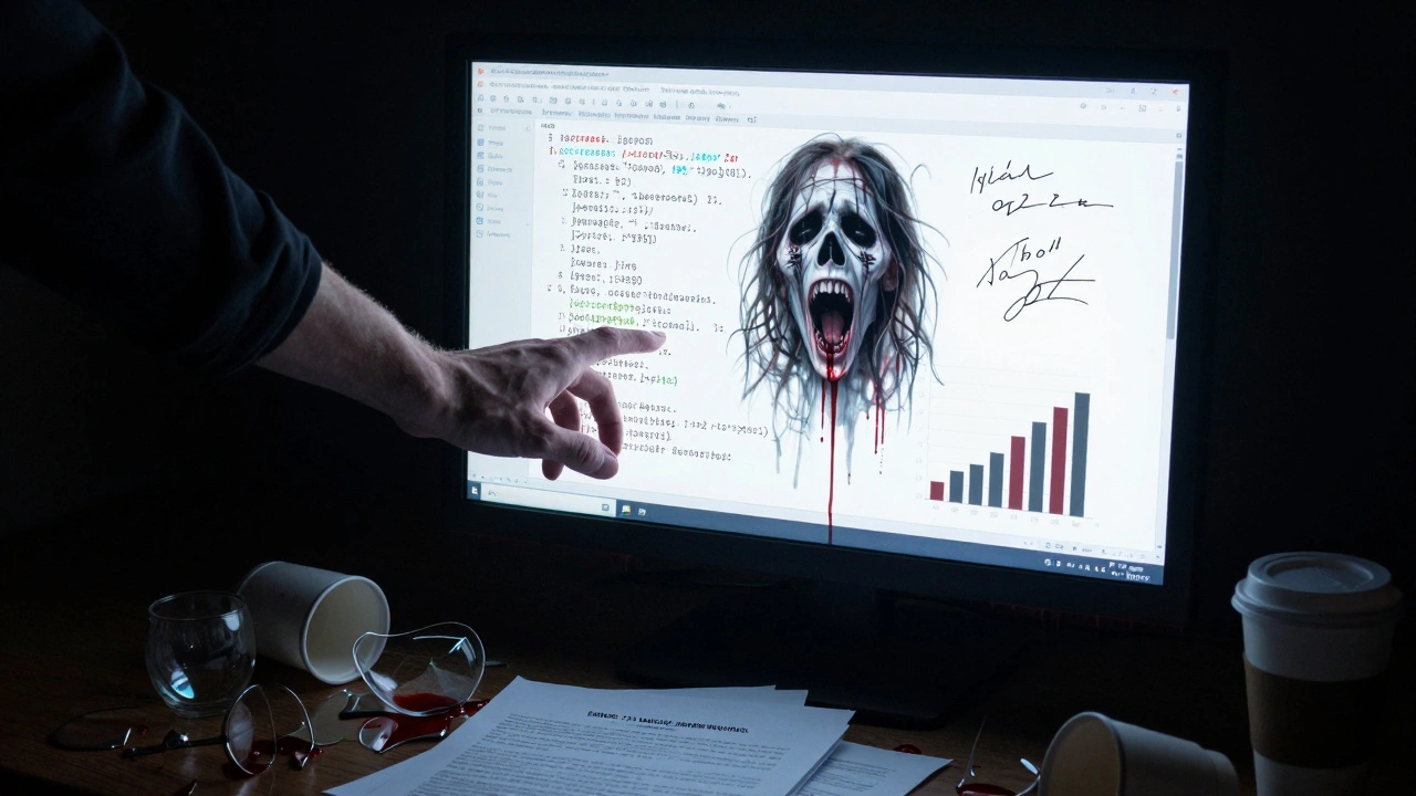 A human hand reaching for a clean screen that reflects a screaming face of corrupted data.