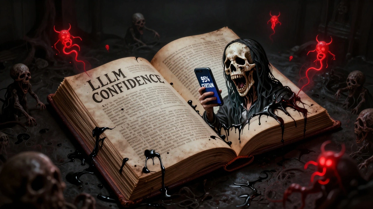 A decaying book of LLM confidence with screaming faces as pages, reflecting a melting user in a mirror of demons.