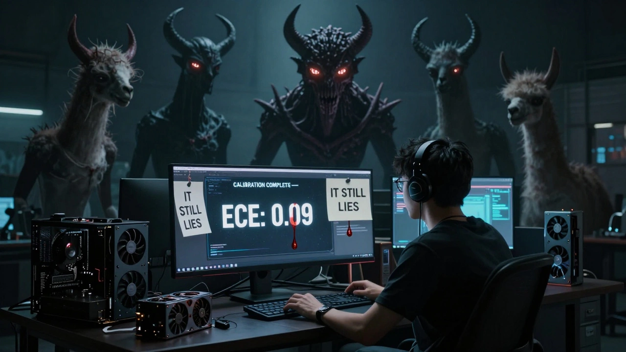 A developer surrounded by shadowy AI entities, staring at a screen showing perfect calibration while blood drips from the monitor.