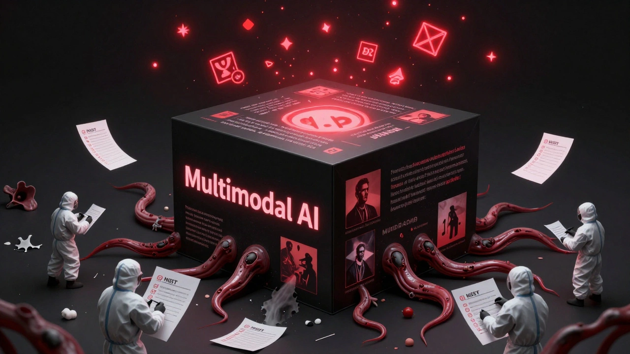 A monstrous AI box with writhing data tendrils, humans trying to check its outputs as paper turns to ash.
