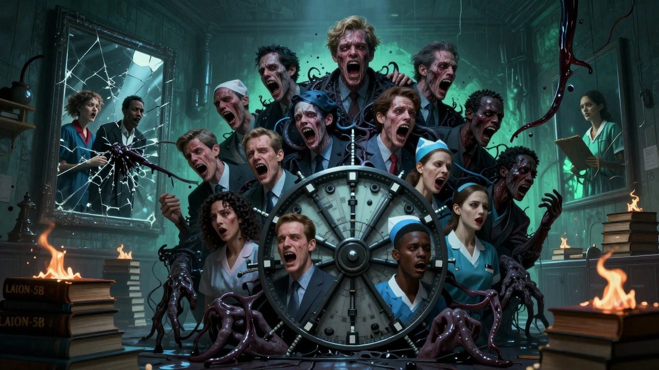 A monstrous AI entity made of screaming faces consumes diversity, surrounded by burning data books.