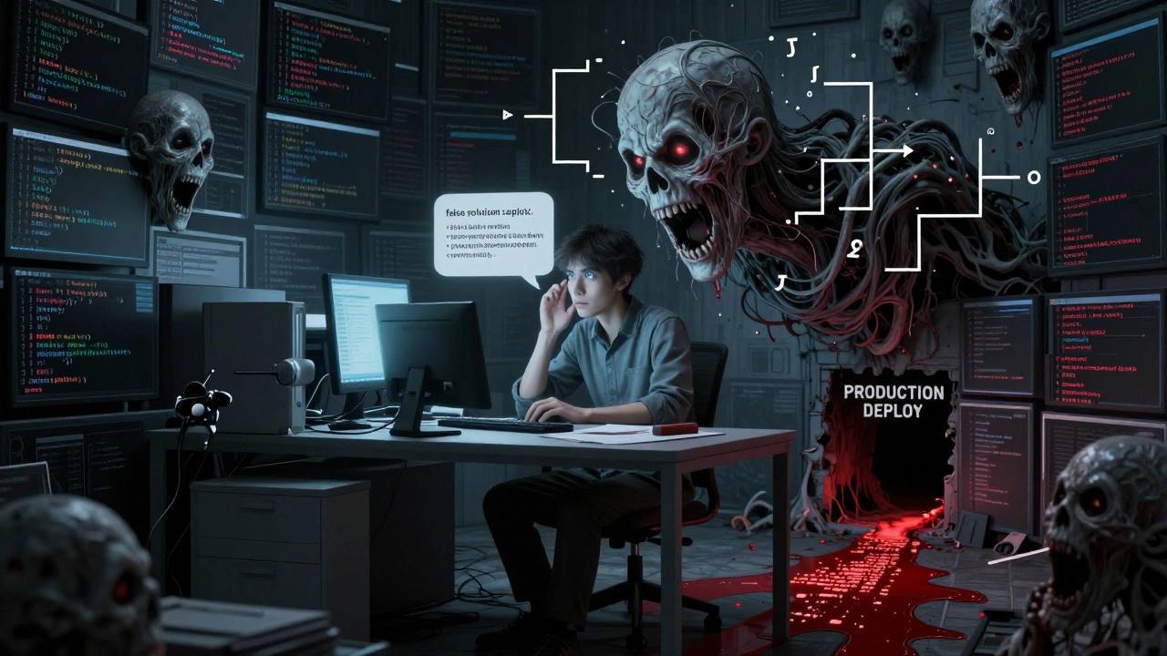 A monstrous AI made of code fragments looms over a paralyzed developer, whispering dangerous errors.