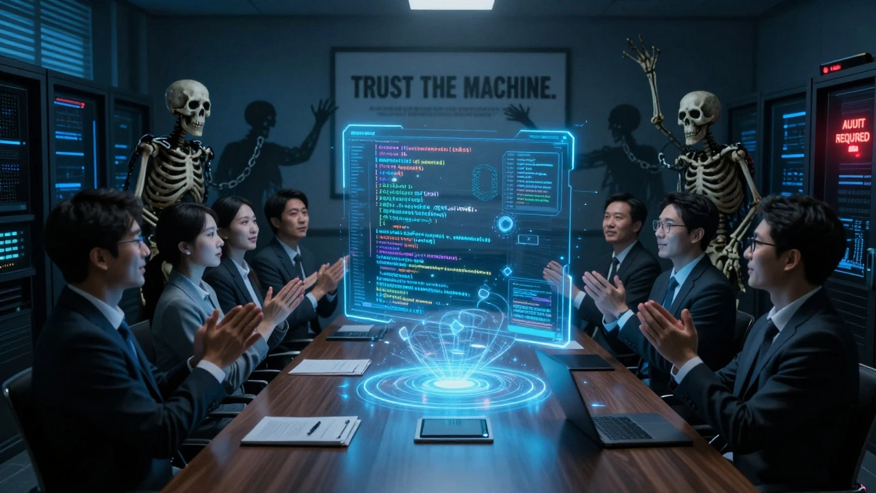 Executives celebrate as a holographic codebase crawls with hidden security flaws and data leaks.