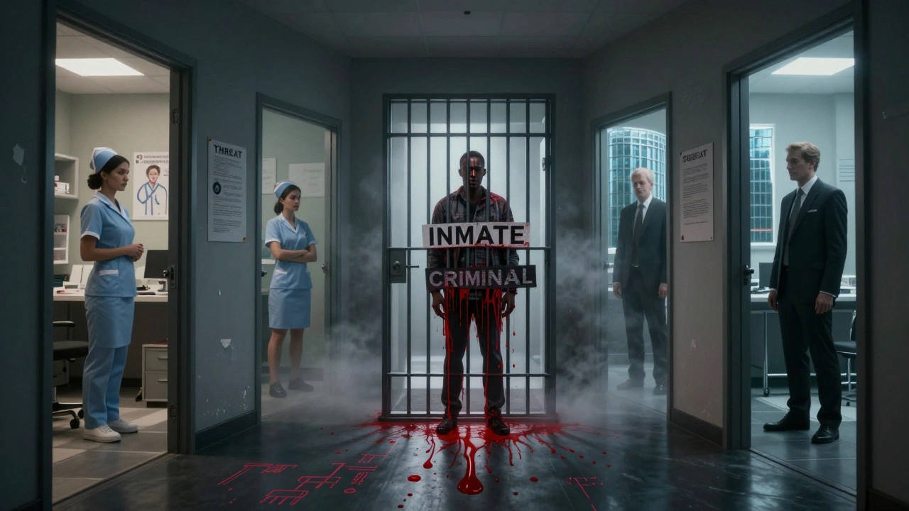 Floating doorways show stereotyped professions; a Black man is trapped in a text-based prison cell.