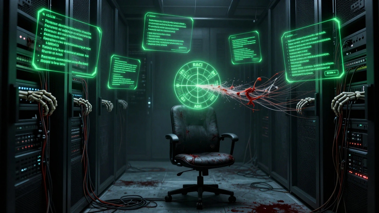 Haunted servers with whispering AI text and skeletal hands pulling at cables.