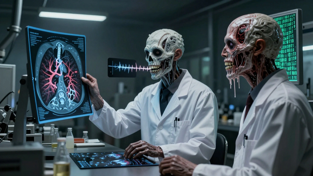 Lab workers reviewing AI outputs as tumors burst from scans and faces melt into code.