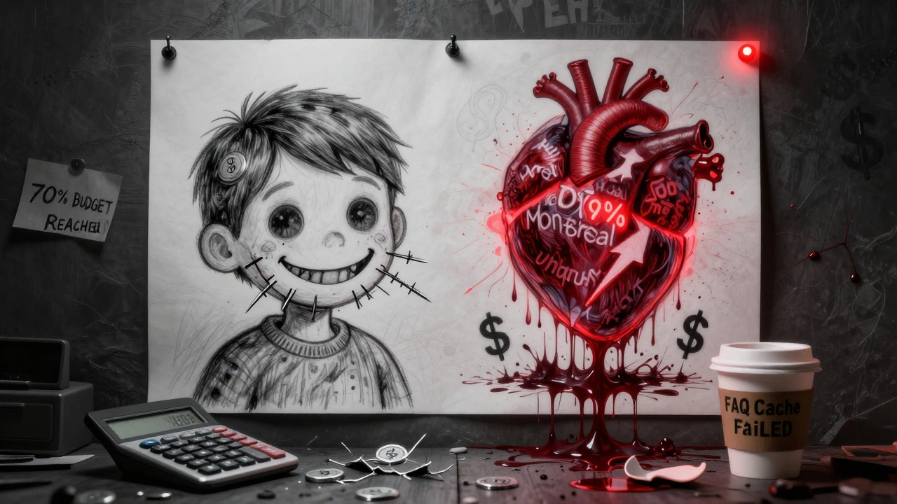 A child's AI drawing is mutilated by cutting tokens, with a pulsing heart of words pumping dollar signs in a horror-lit room.