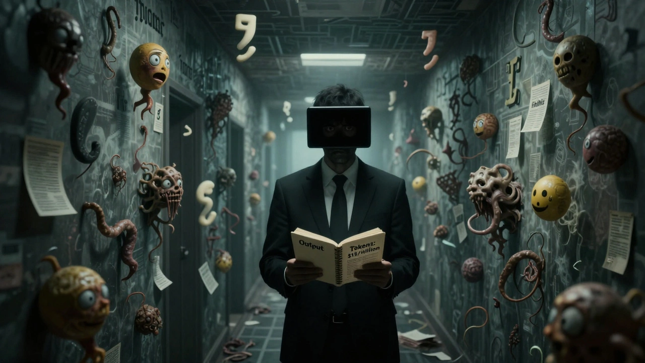 A hallway of writhing words and punctuation leads to a shadowy figure holding a ledger marked with high output token costs.