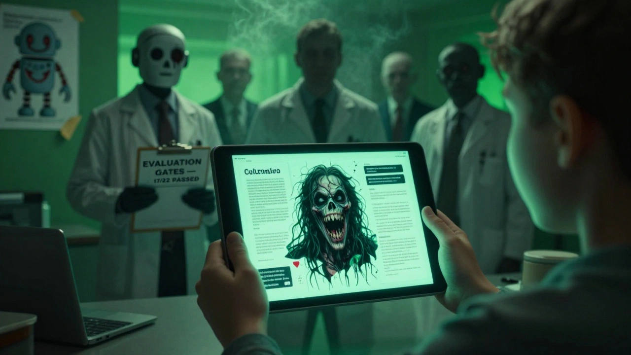 A child reaching for a friendly AI that reflects a monstrous entity, while shadowy evaluators watch silently.