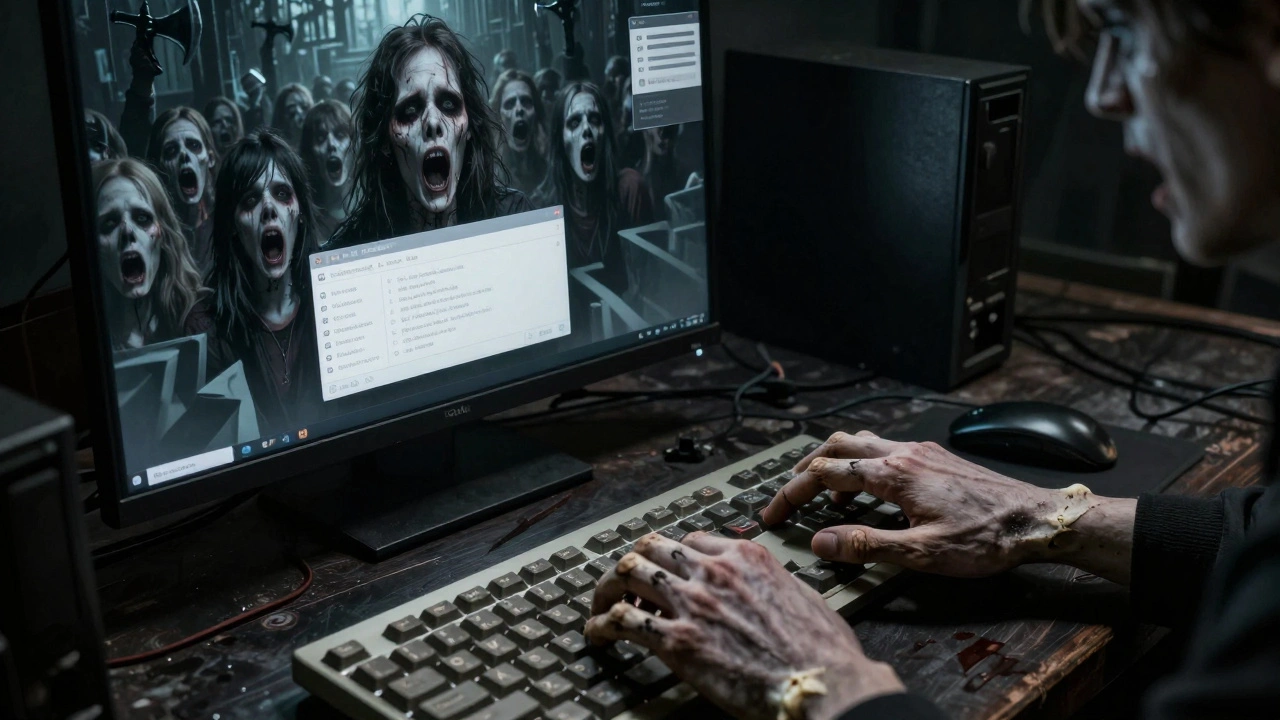 A developer's bone-keyboard hand, facing a mirror showing trapped users in an inaccessible modal labyrinth.
