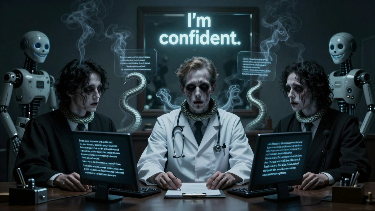 A doctor and lawyer choked by ghostly AI-generated falsehoods rising from their screens.