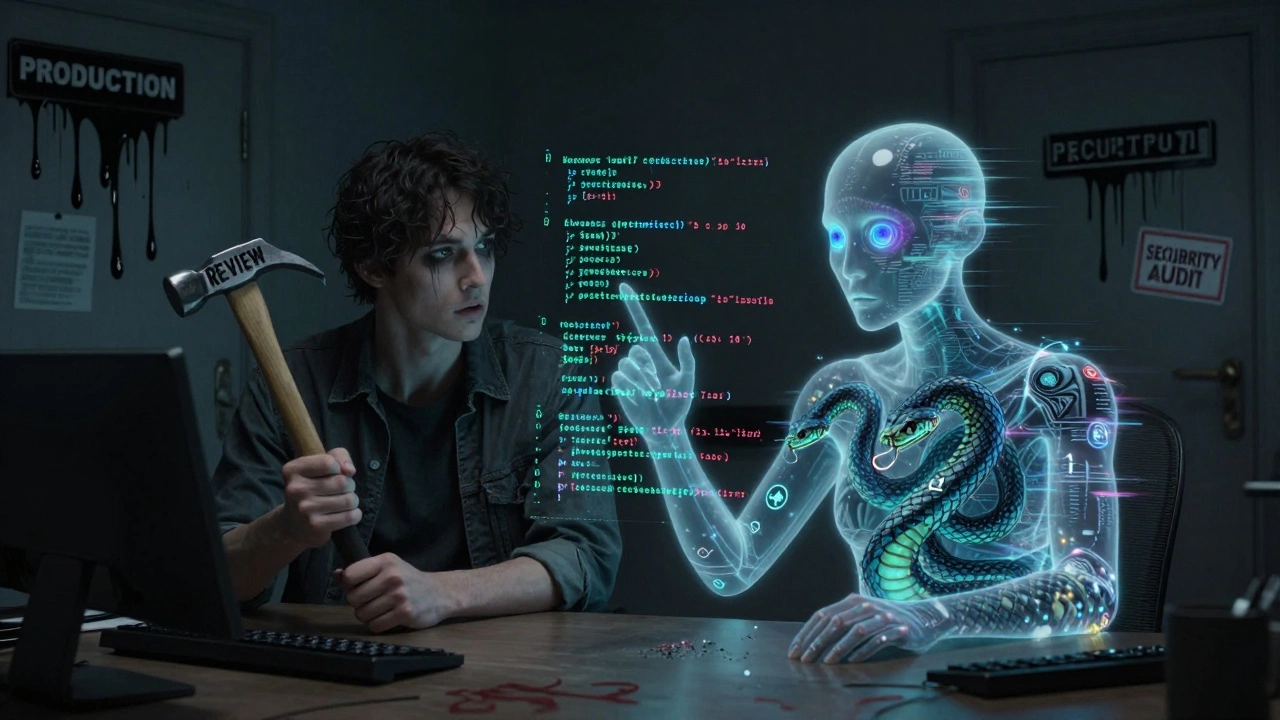 A human and a glitching AI entity side by side, with corrupted code suggestions as serpents and a bleeding security audit stamp.