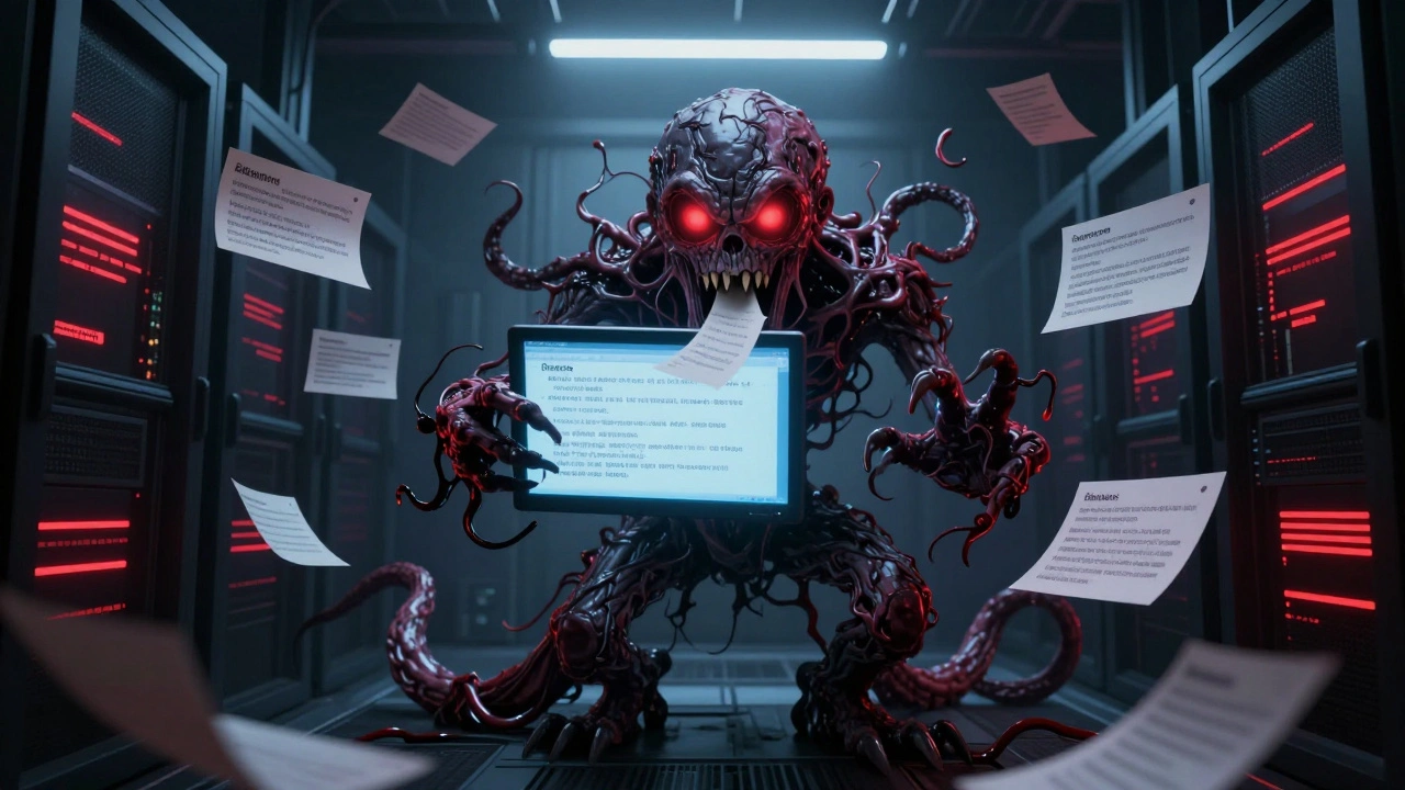 A monstrous AI made of broken HTML tags, strangling screen readers in a server room lit by red errors.