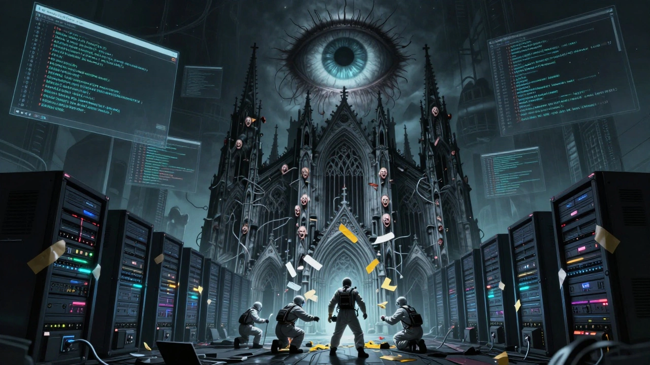 A monstrous cathedral of tangled code towers over server racks, with engineers trying to patch it.