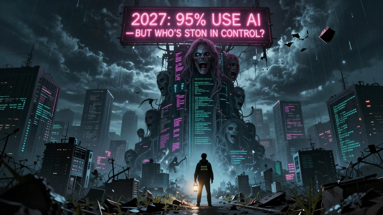 A towering code monolith dominates a city, while a lone developer holds a lantern labeled 'HUMAN REVIEW' against a storm of binary clouds.