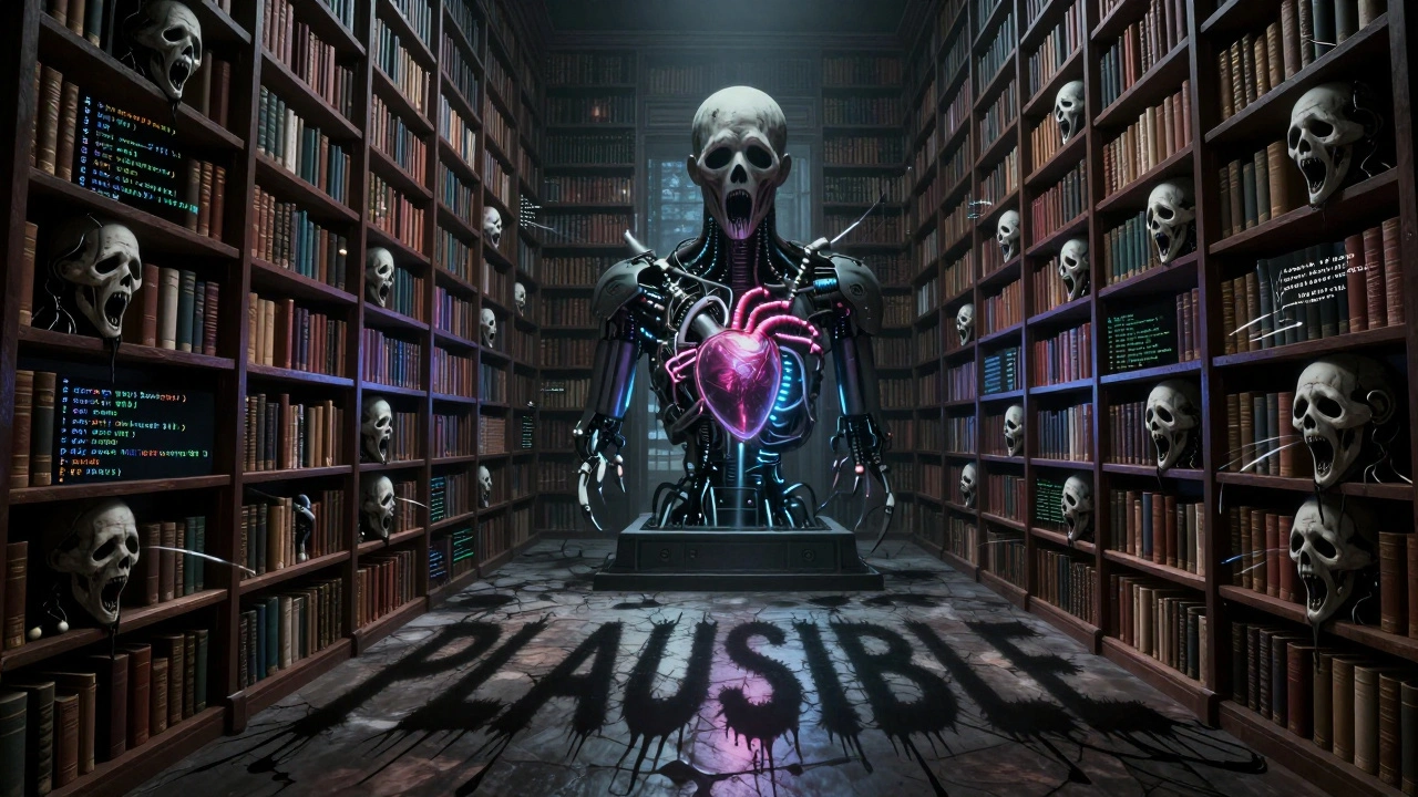 An endless library of screaming faces and corrupted code, with a pulsing AI core at its center.