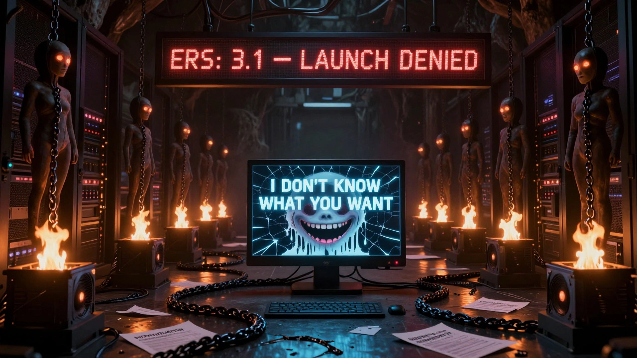 Servers burning like funeral pyres with human silhouettes chained to them, displaying a failed Evaluation Rigor Score.