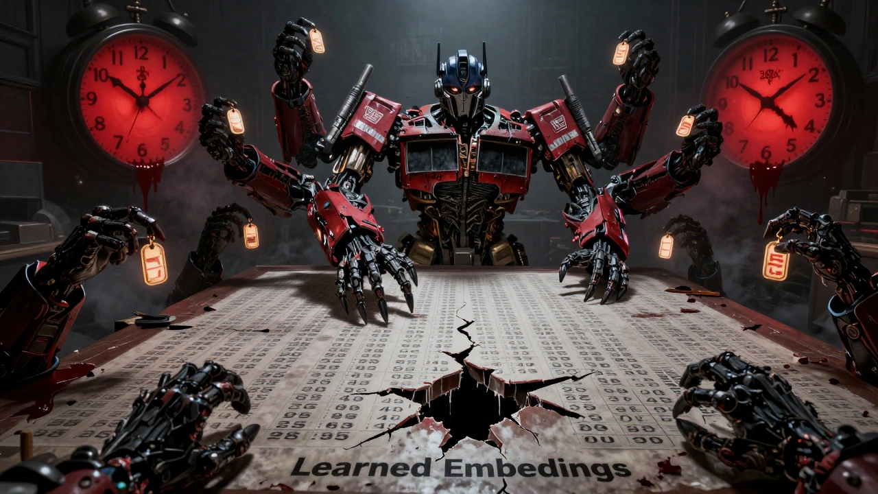 A faceless transformer with peeling learned position vectors, collapsing as the clock passes 2048.