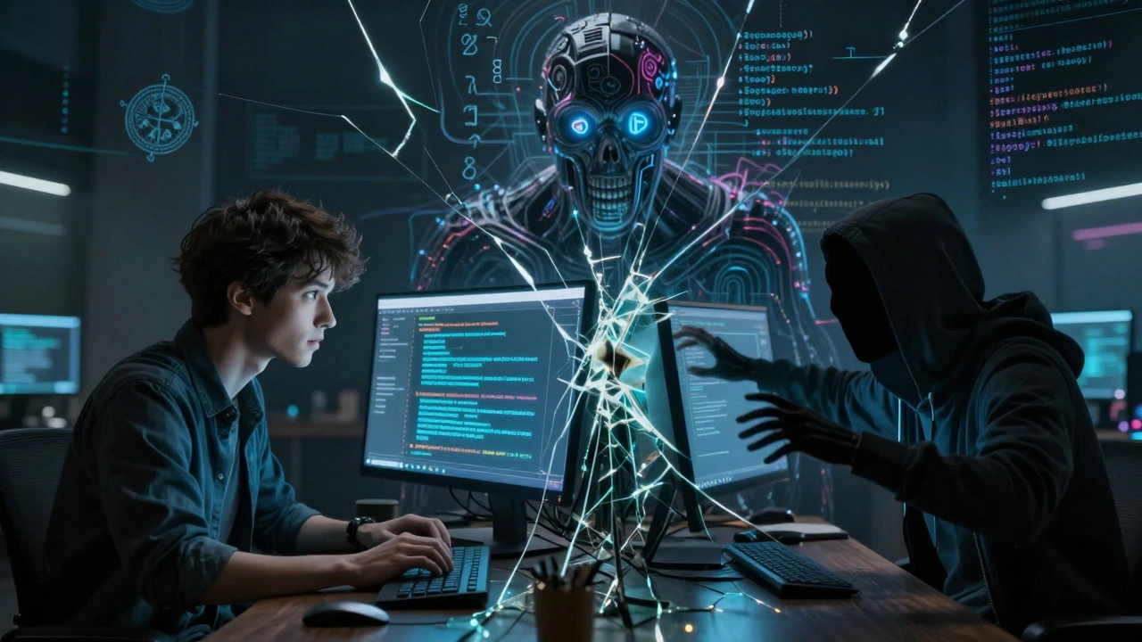 A junior developer mirrored as a ghost trapped inside a screen, haunted by a monstrous AI made of coding languages.