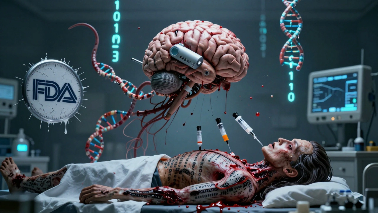 A monstrous AI brain injecting synthetic drugs into a faceless patient, surrounded by floating trial data and a broken FDA seal.