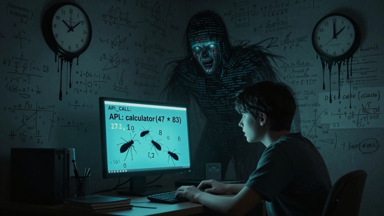 A student faces a screen with crawling numbers as a towering LLM shadow looms behind, walls bleeding equations.