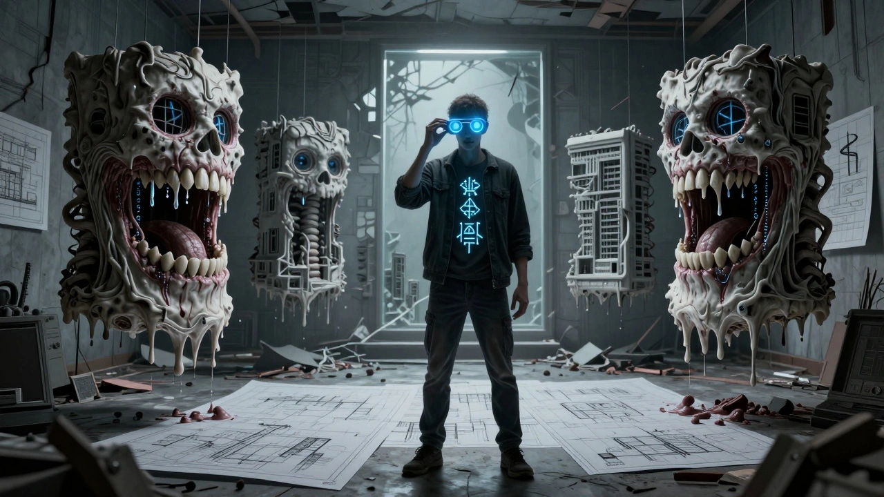 An architect surrounded by monstrous AI-generated buildings, with a glowing AWS lens reflecting a hollow figure.