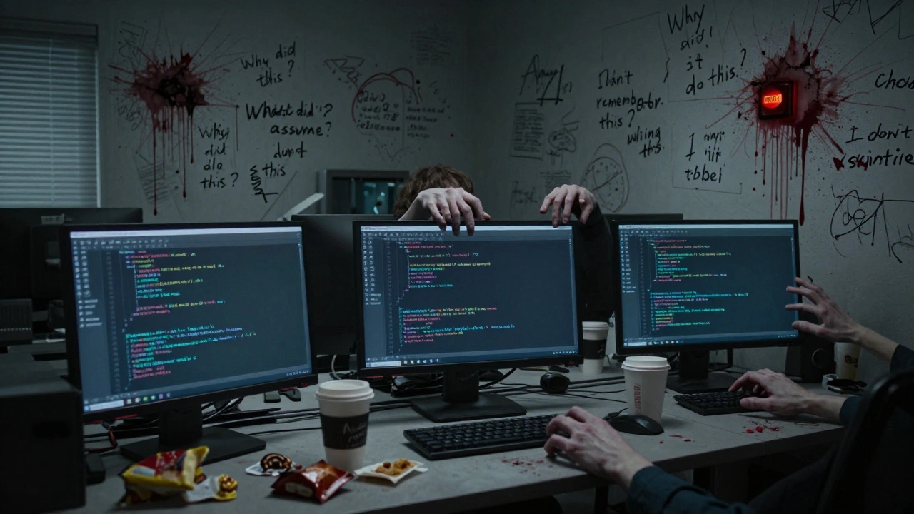 An empty office with glowing monitors showing perfect code, walls covered in bloody notes questioning AI decisions.