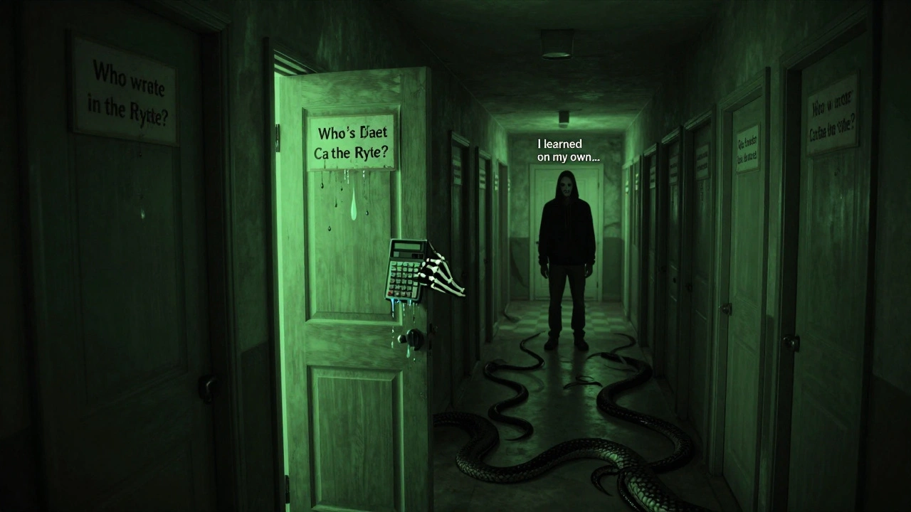 An endless hallway of forgotten questions, one door leaking green light as a skeletal hand holds a dripping calculator.