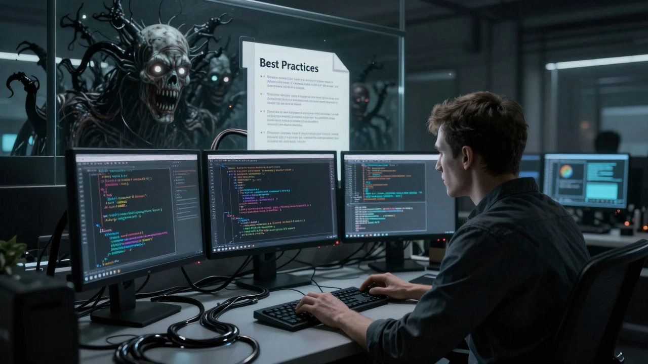 Developer staring into a mirror reflecting faceless coders, with ink-black libraries snaking from keyboards.