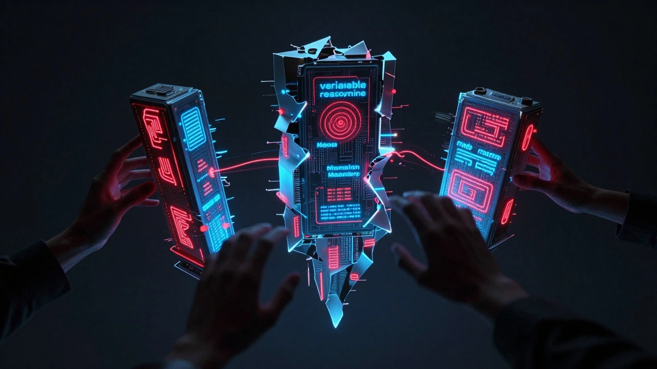 Three glowing, fractured AI components floating in darkness, connected by eerie runes and shadowy hands.