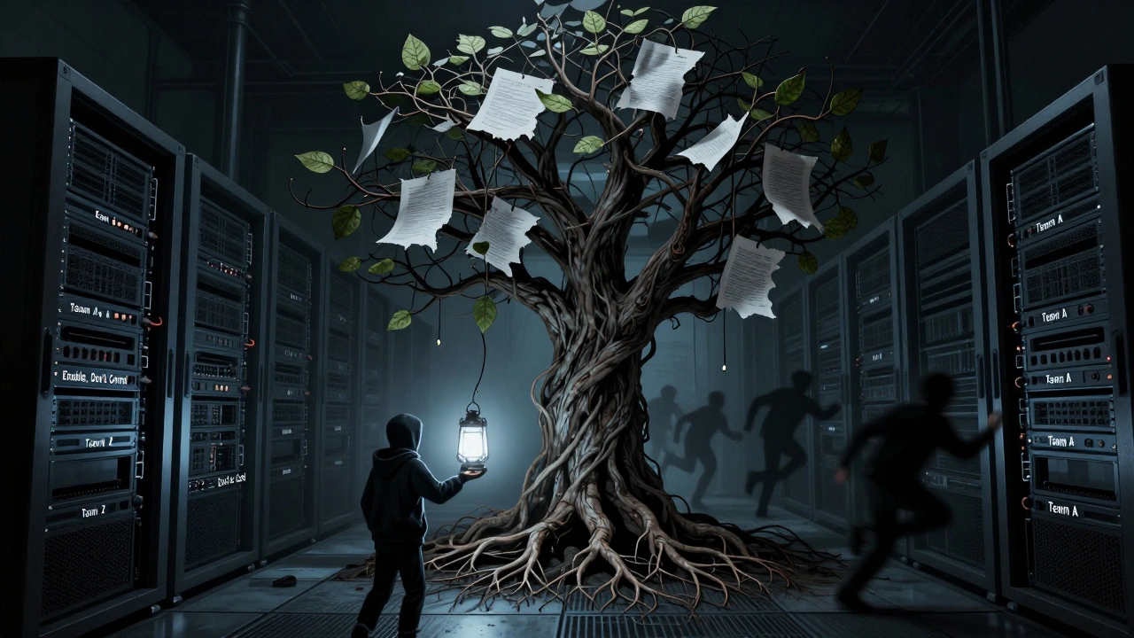 Twisted tree of Git commits draining power from teams, a CoE figure offering a lantern of enablement.