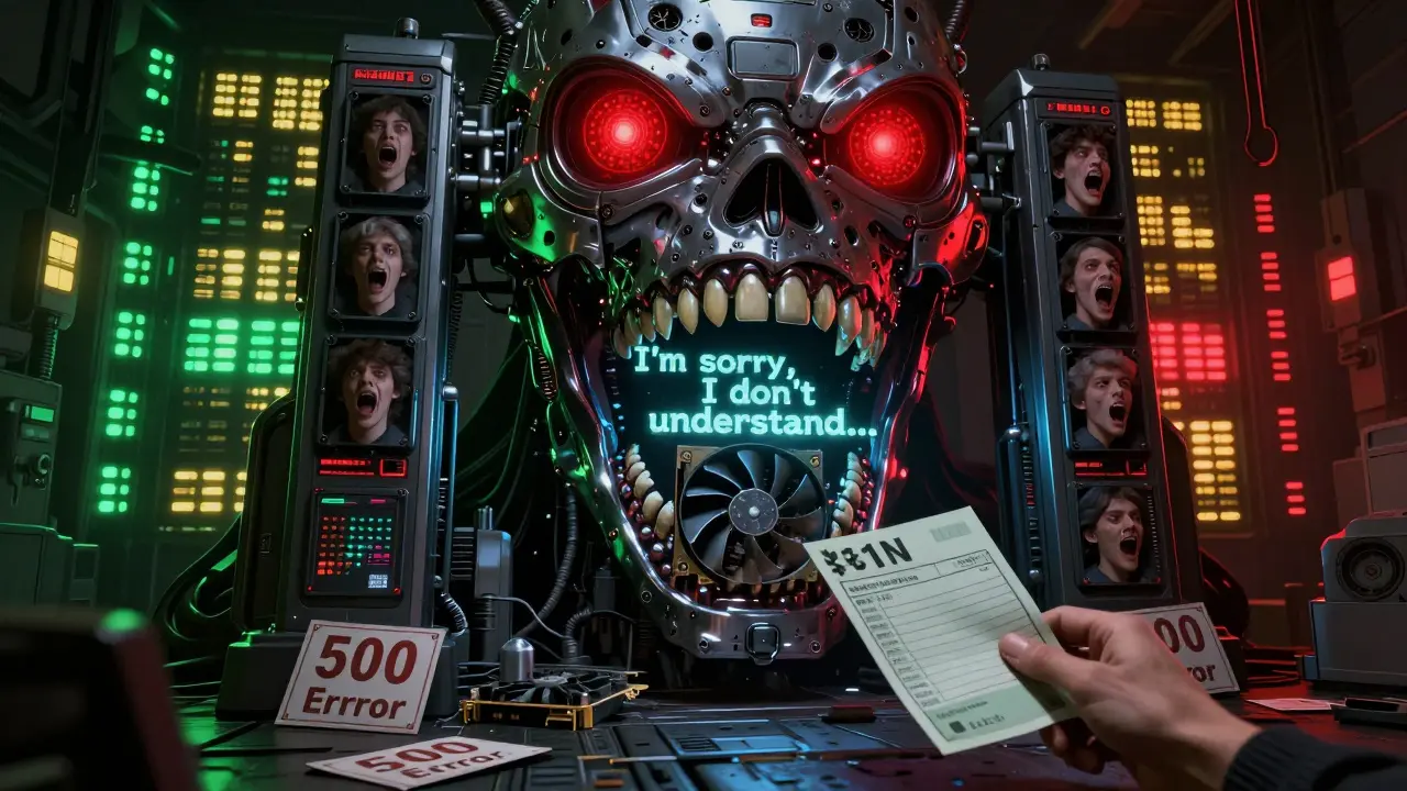 A biomechanical AI gateway with screaming faces in its jaws, spewing slow responses while warning lights flicker uselessly.