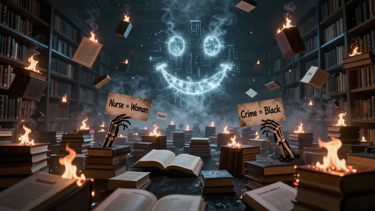 A burning library of biased test results releases skeletal hands holding stereotypical labels in a cold, silent inferno.