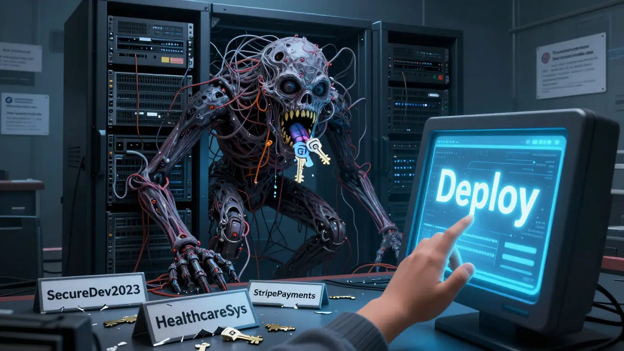 A child deploys code while a monstrous AI rises from servers, surrounded by shattered nameplates.