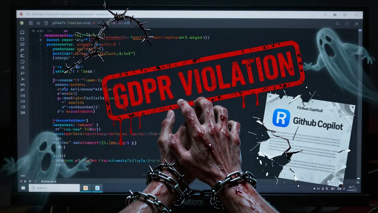 A corrupted IDE with code turning to barbed wire, binding a hand as ghostly figures scream from the screen.