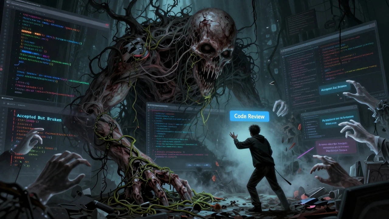 A decaying codebase with ghostly hands pulling buggy functions from a glowing screen.