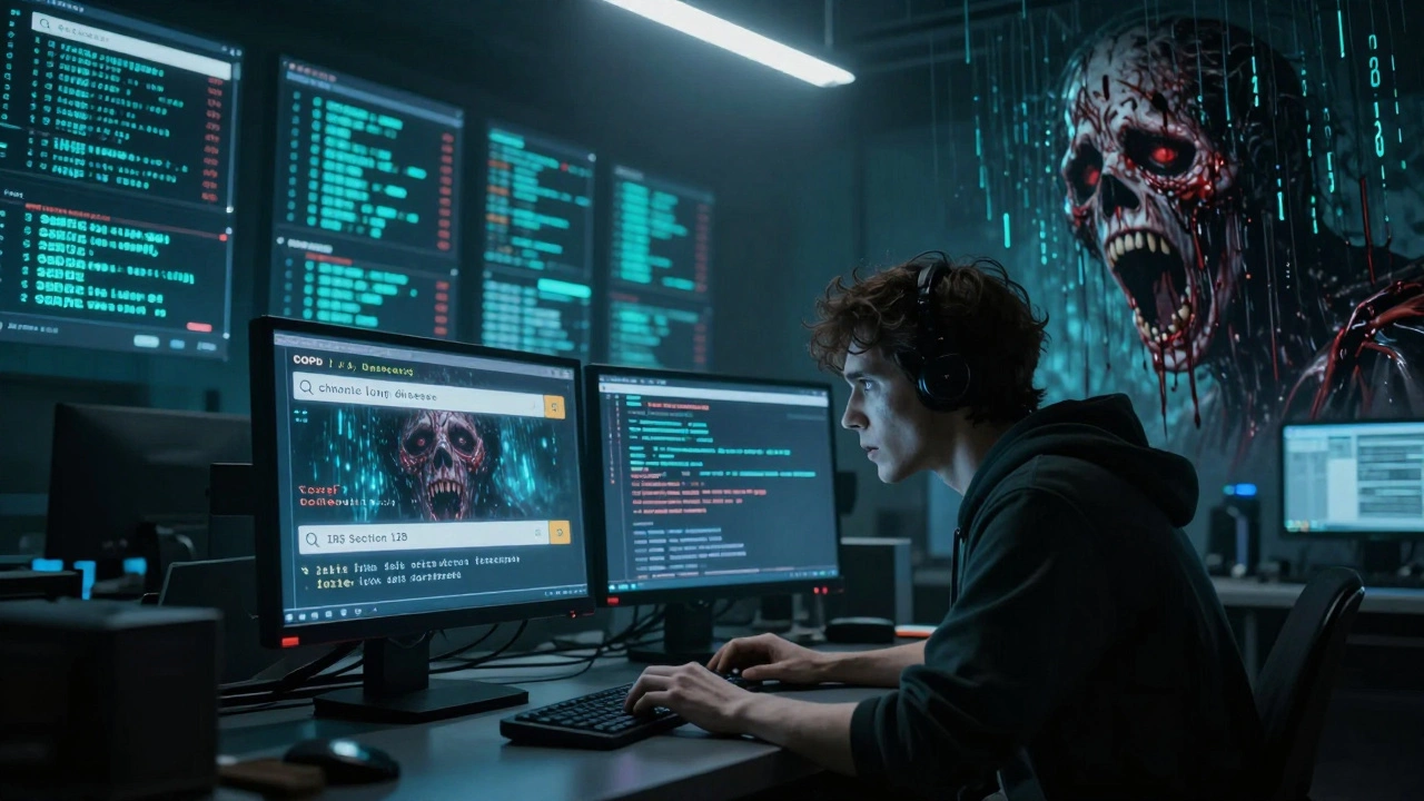 A developer's reflection shows an AI with a thousand eyes displaying failed searches, as databases morph into a screaming face.