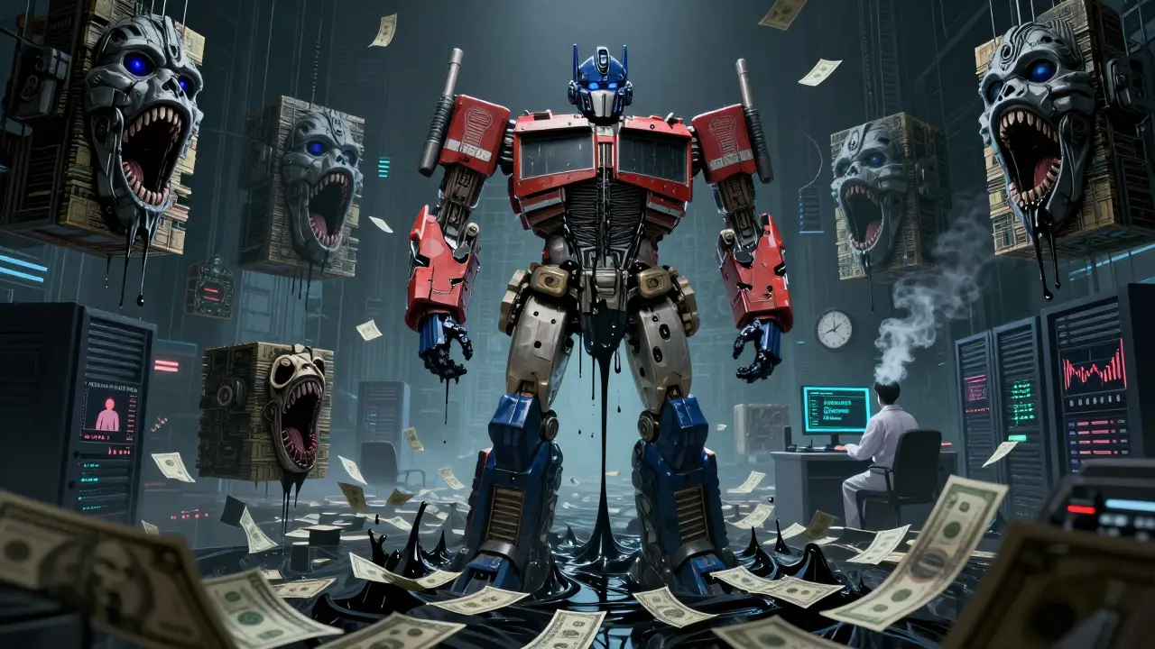 A digital void with memory leaks as black tar drowning financial charts and user avatars under a false green dashboard.