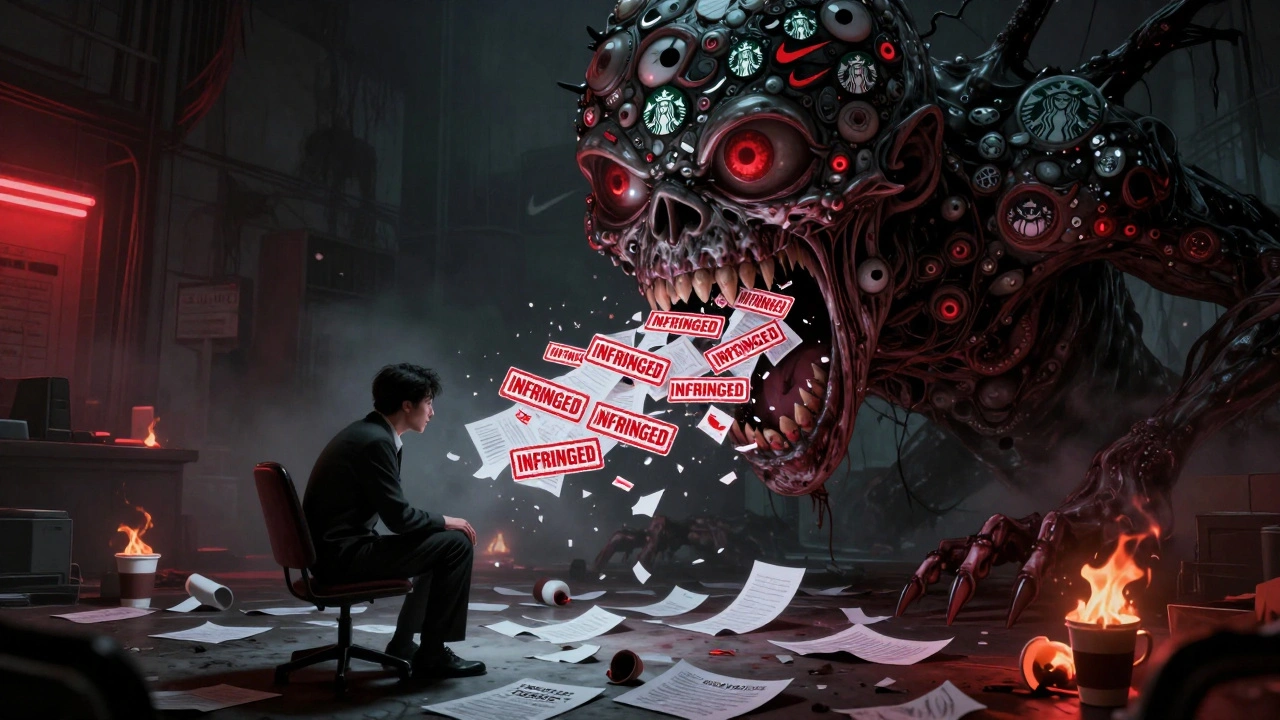 A monstrous AI with thousands of brand logos for eyes looms over a terrified business owner, spewing stolen designs.