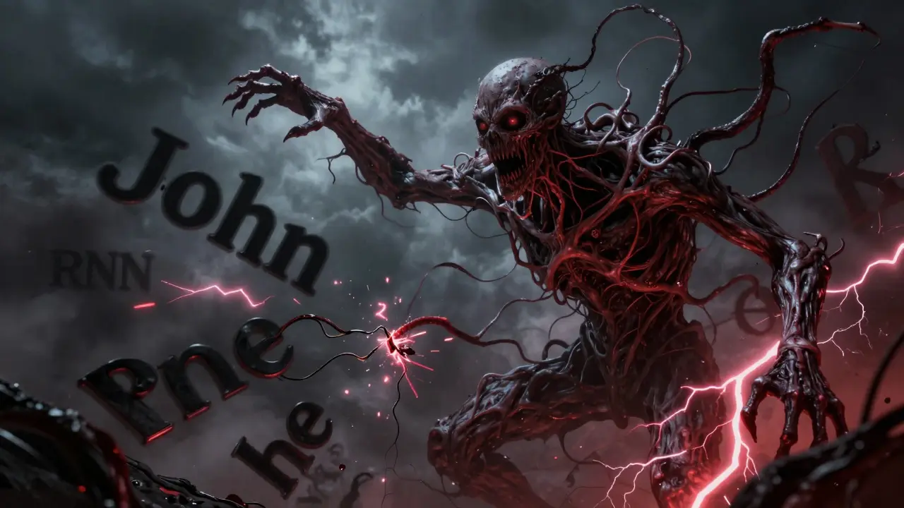 A monstrous neural creature with snapping connections, reaching desperately between words in a stormy void.