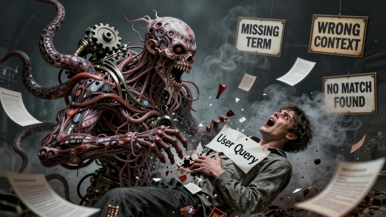 A two-headed retrieval monster tearing apart a user, surrounded by screaming legal, medical, and code fragments.