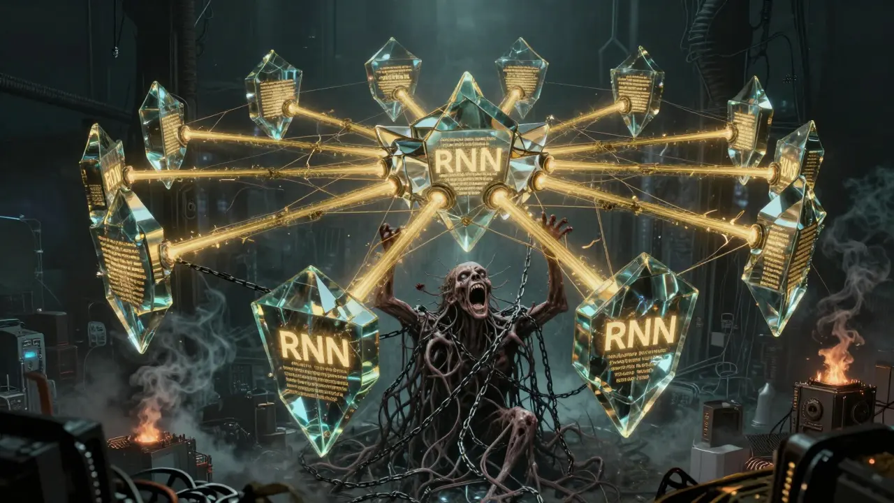 A vast glass network linking words with golden light, while buried RNNs scream in chains below.