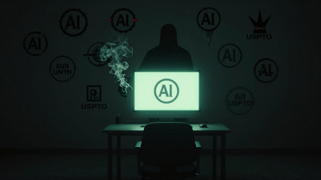 An empty chair faces a monitor where an AI logo transforms into a registered trademark, shadowy fingers dissolving into pixels.
