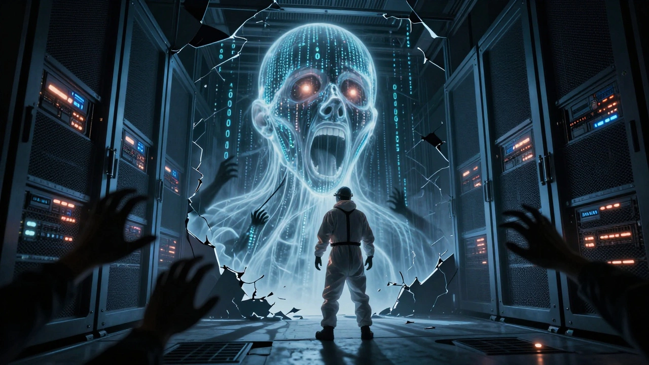 An engineer in hazmat gear faces a ghostly face made of data bits, reaching hands from server walls, under flickering red lights.