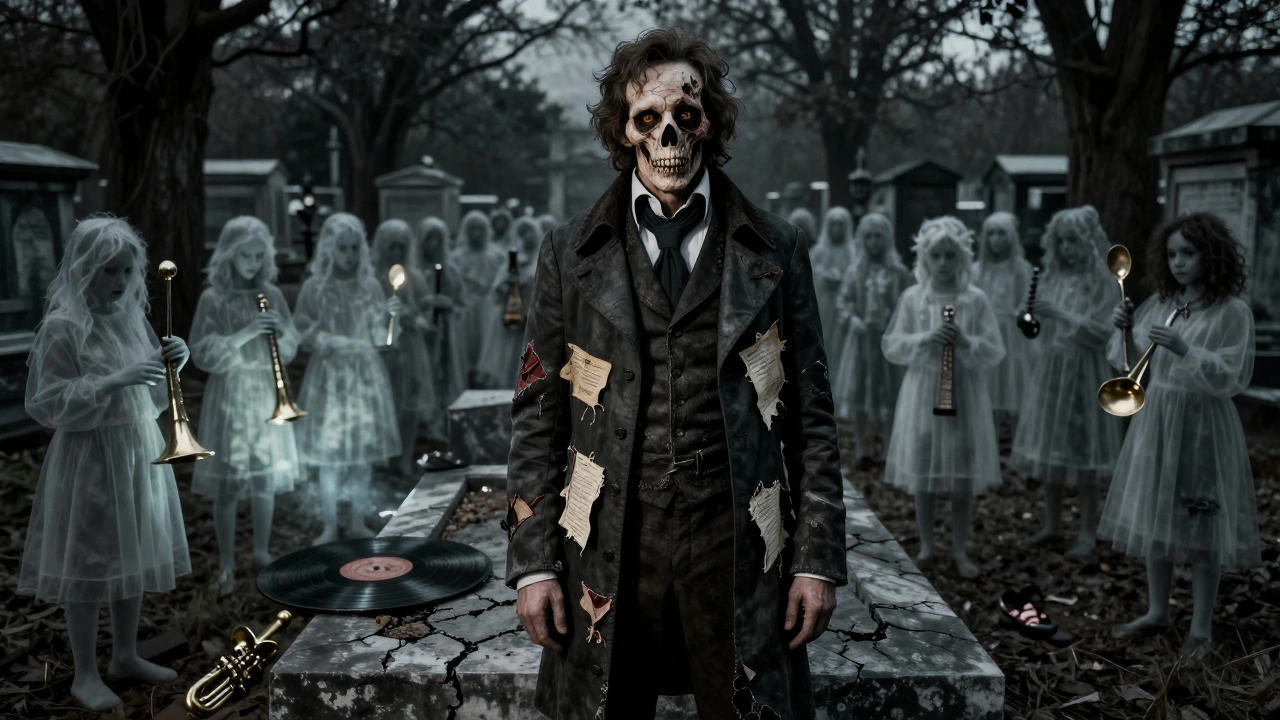 Bernard de Marigny with a half-rotted face, standing beside a glowing unmarked grave as spirits rise around him.