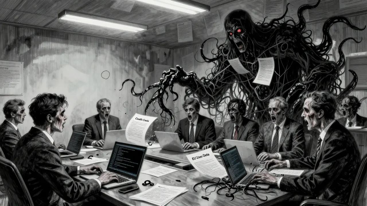 Corporate executives terrorized by AI code tentacles stealing sensitive data, overshadowed by a GPL license monster.
